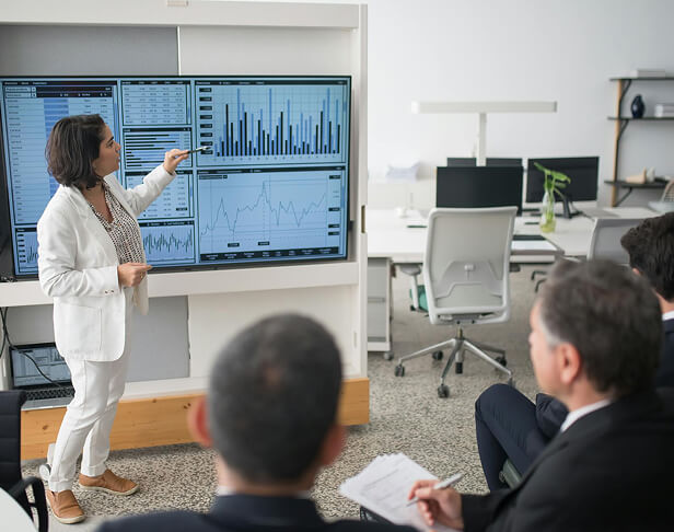 Woman giving presentation, going over analytics.